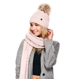ELIMELI 16517 Women's Winter Hat Warm Knitted Hat with Bobble Slouch Knitted Beanie Women's for Winter Bobble Hat Made in EU Choice of Colours, Pink Hat with Scarf