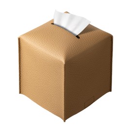 REGELETO Square Tissue Box Cover, Pu Leather Tissue Box Holder with Bottom Belt Modern Stylish Tissue Box Organizer for Bathroom, Bedroom, Hotel, Office Desk 5"X5"X5"