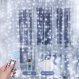 HOLITS Fairy Curtain Lights Upgraded Tangle-Free Cool White USB Plug in 8 Modes String Hanging Lights with Remote for Christmas, Bedroom, Indoor, Outdoor, Weddings, Party (10FTx10FT)