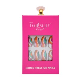 Daringly Posh Press-On Nails | Retro Babe | Medium Almond Shape | Groovy multicolored swirls in pink, teal, orange, and white | 24 Nails in 12 Sizes | Includes ultra-strength nail glue, tabs & tools.