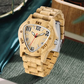 Tiong Men's Wooden Watch Wood Bamboo Inverted Geometric Men's Watches Analogue Quartz Watch for Men Handmade Wooden Watches, Wq2002-Light Brown, Retro