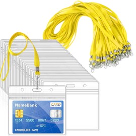 50pcs Yellow Lanyards for Neck with 50pcs Card Holder, Clear Plastic ID Card Holder and Lanyard, Horizontal Sealable Waterproof Name Badge Holders with Lanyard for ID Cards, Office, School, Bus Passes