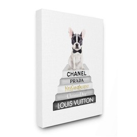 Stupell Industries Cute French Bulldog Puppy Sitting on Glam Bookstack Wall Art, 36 x 48, White