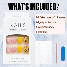 Short Square Press on Nails Yellow Fake Nails, Spring Summer Sunflower Acrylic Nails Glossy Gel False Nails Flower Design Artificial Stick on Nails Coffin Full Cover Glue on Nails for Women Girls