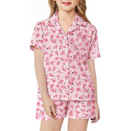 Arshiner Pajamas Set for Girls Short Sleeve Lounge Set 2 PCS Button Down Pj Sets Pink Flower 11-12 Years