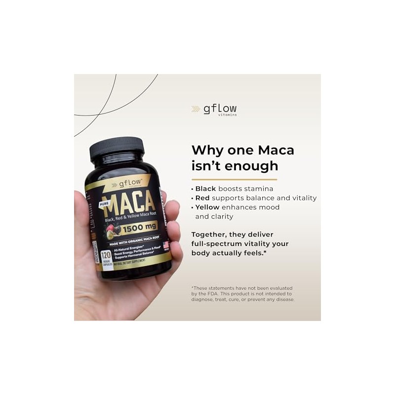 Organic Maca Root Capsules 1500mg - Made with Black, Red,
