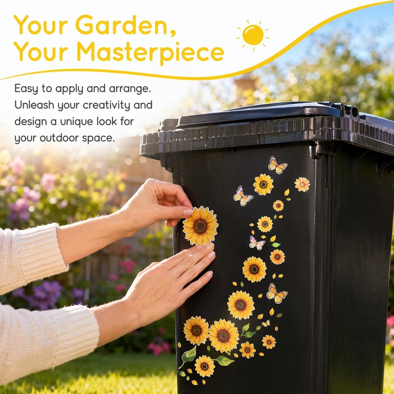 7 Pcs Sheets Wheelie Bin Stickers, Flower Dustbin Sticker Sunflower