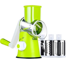 Ourokhome Rotary Cheese Grater Slicer- Vegetable Mandoline Slicer with 3 Interchangeable Ultra Sharp Cylinders Stainless Steel Blades（Green）