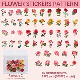 ZFKXGS Pack of 180 Stickers Flowers Rose Scrapbook Accessories Set Bullet Journal Aesthetic Stickers Transparent PET Stickers for Photo Album Scrapbook Notebook Diary Laptops DIY Gift Wrapping