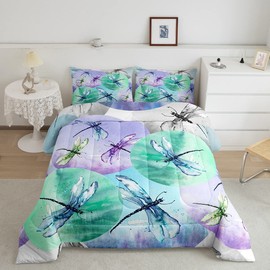 Dragonfly Comforter Set Queen Size,Wildlife Summer Rustic Farmhouse Bedding Set,Girls Boys Adults Room Decor,Geometric Circles Patchwork Fashion Down Comforter,Colorful Duvet Insert,2 Pillowcases