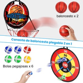 Canasta de Basquetbol para Pared con Juego de Dardos Plegable, 2 in 1 Aro de Baloncesto para Exteriores, 6 Bolas Adhesivas y 2 Bola Suave, Juguetes de Regalo para Niños de 3, 4, 5, 6 Años (Negro)