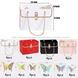 JHXTZ 16 Pack Flower Paper Gift Bag and 24 3D Butterfly Decor, Bouquet Portable Flower Handbag Box with Metal Chain, Small Florist Carrier Bag for Arrangements, Valentine's Day, Birthday 4 colors