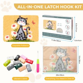 EsLuker.ly Latch Hook Rug Kits for Adults Kids Beginners DIY Crochet Rug Making Kit with Printed Cats Patterns Canvas Yarn Carpet Embroidery Crafting Arts, 20×15 Inch (Cat and Flower)