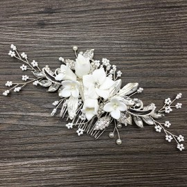 Lurrose Haarkamm aus Glas mit weißer Keramikblume, Brautschmuck, Seitenkamm, Haarspange, Hochzeitsaccessoires, für Frauen und Mädchen