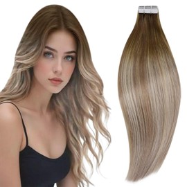RUNATURE Tape in Hair Extensions Human Hair Balayage Dark Brown to Chestnut Brown Mix Ash Blonde Long Straight Silky Remy Human Hair Tape in Extensions 22 Inch 20pcs 50g