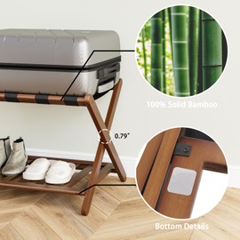Smart FENDEE Smart FENDEE Fully Assembled Walnut Luggage Racks Set of 2, 5 Nylon Straps Folding Suitcase Stand, Bamboo Luggage Stands with Storage Shelf, Ideal for Guest Room, Bedroom, Hotel