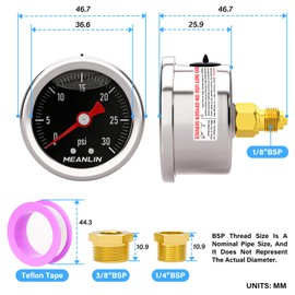 MEANLIN MEASURE 0~30Psi Stainless Steel 1/8" BSP 1.5" FACE DIAL, Glycerin Filled Pressure Gauge, Liquid Filled, Back Mount(Black) with 1/4" BSP and 3/8" BSP Hex Bushing