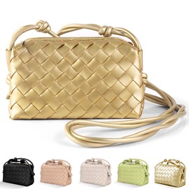 Woven Crossbody Bags for Women - Lightweight Vegan Leather Shoulder Purse with Zipper Closure, Small Handbag (Golden)