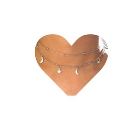 Yheakne Boho Star Moon Collar Silver Layered Star Collar Crescent Moon Necklace Celestial Necklace Chain Festival Jewellery for Women and Girls (Silver)