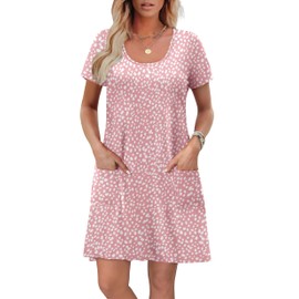 OFEEFAN Summer Dresses for Women 2025 Beach Vacation Loose U Neck T Shirts Casual Short Sleeve Dress Sundresses wih Pockets Trendy Floral 07 S