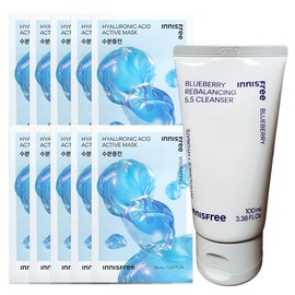 (10 sheets) Innisfree Active Mask Hyaluronic Acid (Moisture Recharge) + Blueberry Rebalancing 5.5 Cleanser 100ml / (10매)이니스프리 액티브 마스크 히알루론산 (수분충전)+블루베리 리밸런싱 5.5 클렌저 100ml