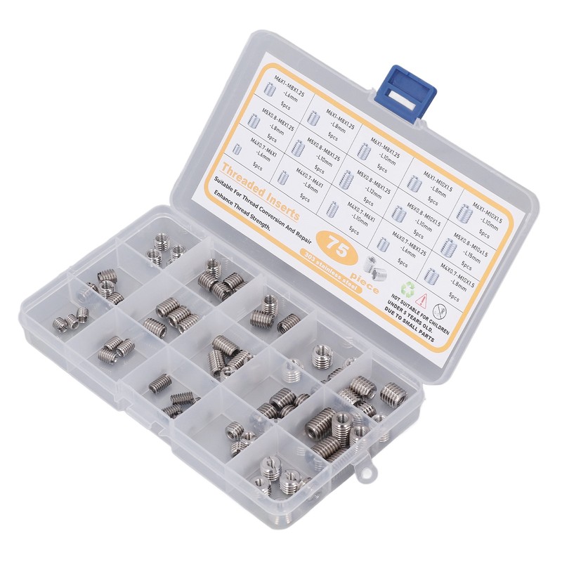 75Pcs Stainless Steel Threaded Inserts Nuts Assortment Tool Kit for