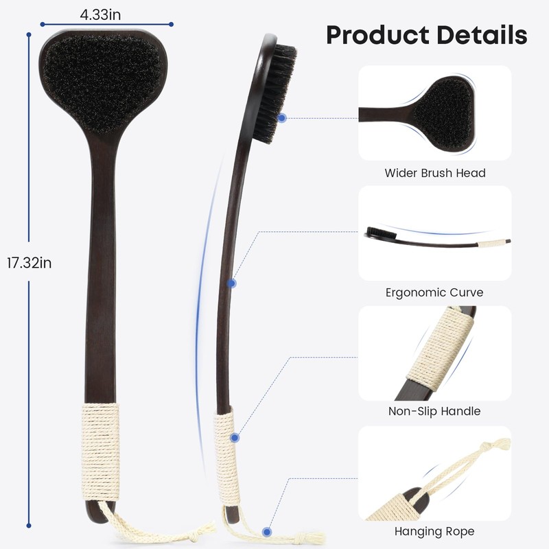 eaxun Bamboo Back Scrubber with Curved Long Handle, 17.3 Inches