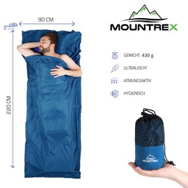 MOUNTREX® Hut Sleeping Bag - Sleeping Bag Ticking with Full Zip (220 x 90 cm) - Outdoor & Indoor Summer Sleeping Bag Inner Sleeping Bag - Small Pack Size & Especially Soft (Blue)
