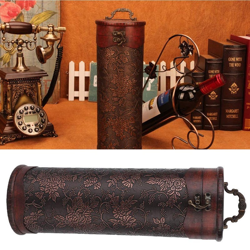 Antique Finish Wooden Wine Bottle Box Grape Pattern Artificial Leather