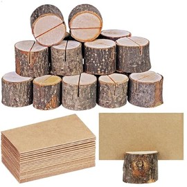 12Pcs Mini Rustic Wood Memo Stand Note Clip Holders and 24Pcs Kraft Table Place Cards, Rustic Mini Table Number Holders, Table Sign Stand, Name Card Photo Picture Holders for Wedding, Party, Birthday.