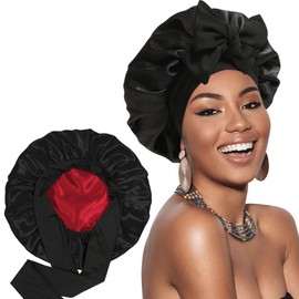 AHSMY Silk Bonnet Shower Caps, Double Layer Silk Hair Bonnet for Sleeping, Soft Comfortable Silk Sleep Cap, Satin Bonnet for All Hairstyles, Black