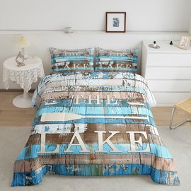 Manfei Lake Camper Comforter Set Queen Size, Rustic Farmhouse Style Quilt Set with 2 Pillowcases, Blue Wooden Stripe Print Bedding Set 3pcs for Kids Boys Teens Bedroom Decor, Plank Duvet Set