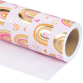 WRAPAHOLIC Baby Shower Wrapping Paper - Mini Roll - 17 Inch x 16.5 Feet - Gold Foil Pink Rainbow Baby Girl Wrapping Paper for Girls Birthday, Baby Shower, Baptism Gift Wrap