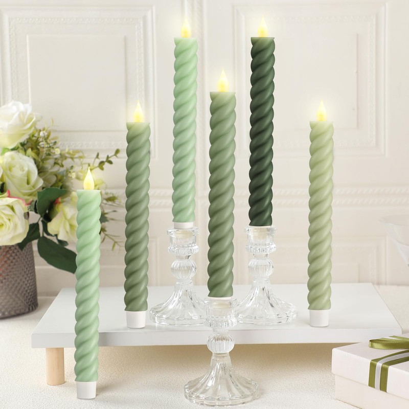 Baquler 6 Pcs Sage Green Flameless Taper Candle Twisted LED
