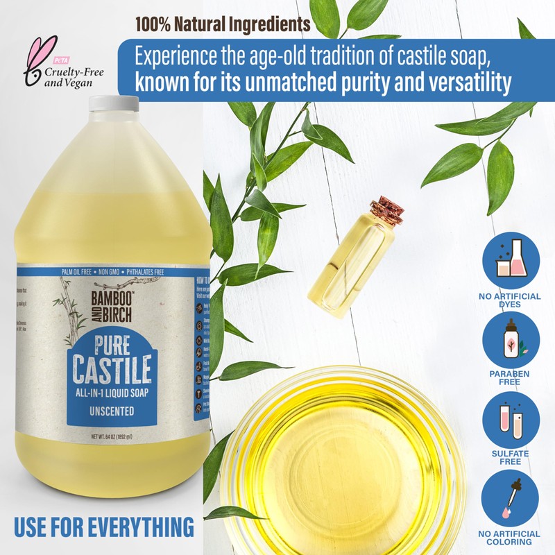 BAMBOO AND BIRCH Pure Castile Soap Liquid, Certified Palm Oil