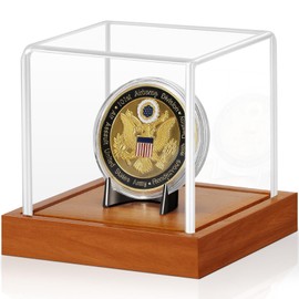 JupDec Coin Display Case, Clear Acrylic Showcase with Wood Base & Alloy Holder for Single Challenge Coin, UV Protection Souvenirs and Collectibles Box, Ideal Gift for Coin Fans, Brown