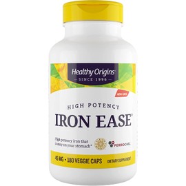 Healthy Origins Iron Ease (Featuring Ferrochel), 45 mg - Easily Digestible Iron Supplements for Men & Women - Vegan, Non-GMO & Gluten-Free Supplement - 180 Veggie Capsules