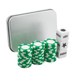 Left Right Center Dice Game Set with 3 Dices + 36 Green Poker Chips and Silver Storage Box