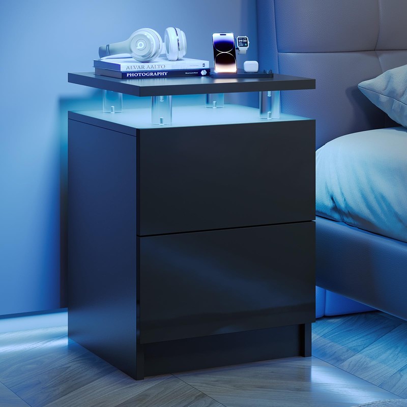 15" Black Nightstand Set of 2 with LED Lights, Modern