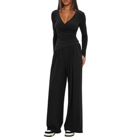 Darong Womens 2 Piece Lounge Sets Travel Outfits Wide Leg Pants Set 2024 Fall Fashion Tracksuit Clothes 9080B Black S