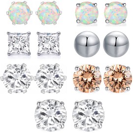 18K White Gold Plated Multipack Earrings for Women Men Hypoallergenic Stud Opal CZ Cubic Zirconia Pierced Post Sensitive Pack of 7 Piercing Post