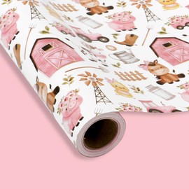 FYSUIMU Farm Animal Wrapping Paper - Mini Roll - 17 Inch x 32.8 Ft Pink Barnyard Gift Wrap Paper Double-Sided Art Paper for Home Party DIY Crafts Supplies