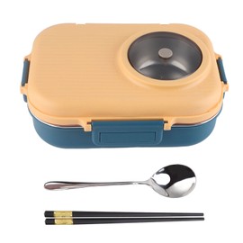 Thermal Lunch Box 1100ml Double Layer 3 Grid Design 304 Stainless Steel Bento Box with Chopsticks Spoon Soup Bowl Blue Yellow