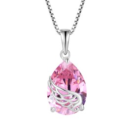 Blaniy Angel Wing Necklace 925 Sterling Silver Teardrop Pink Tourmaline Necklace October Birthstone Pendant Guardian Angel Wings Jewelry Gifts for Women