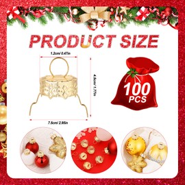 100pcs Round Christmas Ball Ornament Caps 0.47in, Ornament Tops Caps Xmas Hanger DIY Decorations for Christmas Tree Ceramic Glass Porcelain Top Hanging Ornaments, Gold