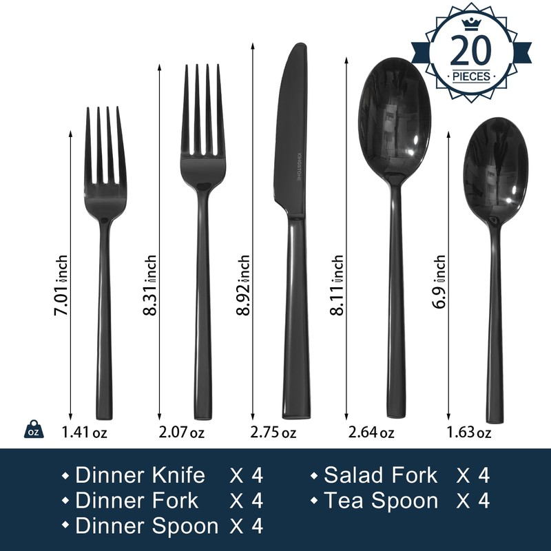 KINGSTONE Black Silverware Set, 20-Piece Forged Flatware Set Cutlery Set