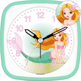 Eurotime Wecker für Mädchen mit Meerjungfrau, Mint Weiß, Kinderwecker, Kunststoffgehäuse und Kunststoffglas, geräuscharmer Wecker, kein Ticken, mit Licht und Weckwiederholung, 27034-04