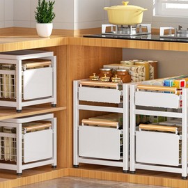 Fortuccai 2 Tier Pull-out Storage Organizer, Slide Out Kitchen Cabinet Storage Sliding Shelves, Under Sink Organizers Drawer, Mesh Cabinet Basket with Handle for Bathroom, Home(White,Double Layer S)