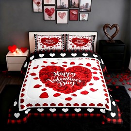 Homewish Red Heart Comforter Set King Size Valentine's Day Gifts Bedding Set Rose Petal Floral Quilt Set 3pcs for Women Men Adults Couple Room Decor Black Grid Stripes Duvet Insert,2 Pillowcases