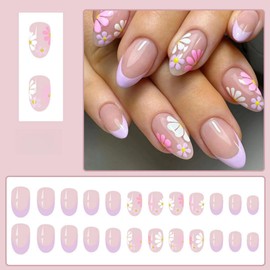 Lilac Floral French Tip False Nails Short Oval Press on Nails with Cute Flower Design Glossy Fake Nails Press ons Full Cover Spring Artificial Acrylic Nails for Women Manicure 24 Pcs